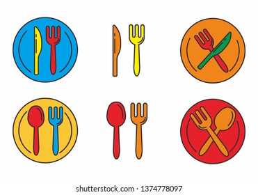 Set of fork and spoon icon with outline design, Fork, spoon, knife and plate vector illustration 