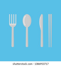 set of fork, spoon, knife and chopsticks. restaurant icon isolated on blue background vector illustration.