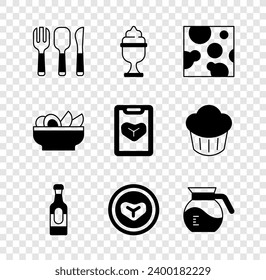 Set Fork, spoon and knife, Ice cream in bowl, Cheese, Wine bottle, Steak meat plate, Coffee pot, Nachos and Restaurant cafe menu icon. Vector