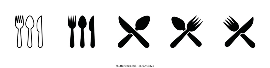 Conjunto de tenedor, cuchara y cuchillo icono Vector sobre fondo blanco