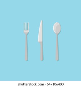 Set of fork, spoon and knife isolated on blue background. Cutlery flat style icon. Vector illustration.
