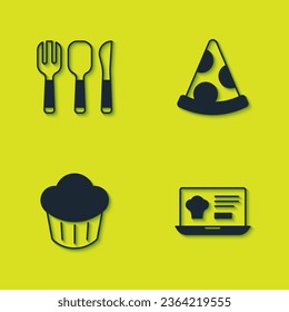 Set Fork, spoon and knife, Online ordering delivery, Cupcake and Slice of pizza icon. Vector