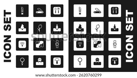 Set Fork and spoon, Marshmallow stick, Tree, Knife, Swiss army knife, Wrist watch and Wi-Fi wireless internet icon. Vector