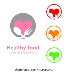 Set of fork and spoon on a dish with heart icon. Colorful food logo isolated on white background. EPS10 vector illustration for canteen, café, catering, product, store. Creative business logotype.