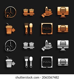 Set Fork and spoon, Online ordering delivery, burger, Pizza cardboard box, Coffee cup to go, Round the clock and  icon. Vector