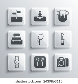 Set Fork and spoon, Photo camera, Knife, Marshmallow stick, Wrist watch, Bench, Road traffic sign and Hiking backpack icon. Vector