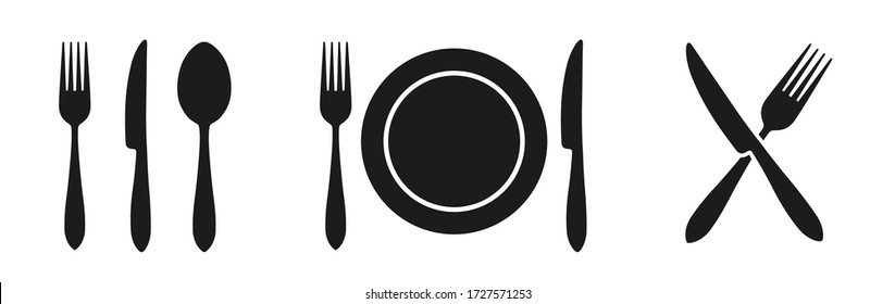 Juego de iconos de tenedor, cuchara, plato y cuchillo, vajilla, signos de servicio de cena: bifurcación, cuchillo, cuchara y placa - vector de stock