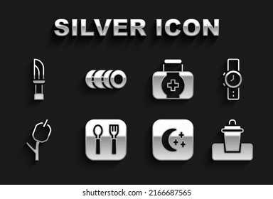 Set Fork and spoon, Wrist watch, Trash can, Moon stars, Marshmallow stick, First aid kit, Knife and Blanket roll icon. Vector