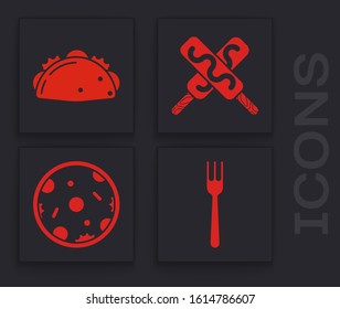 Set Fork, Taco with tortilla, Ice cream and Pizza icon. Vector