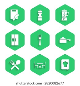 Set Fork, Wooden table with chair, Cookbook, Frying pan, Crossed fork and spoon, Refrigerator, Blender and Cutting board knife icon. Vector