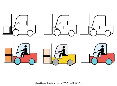 Set of Forklift transport icon, industry vehicle machine symbol, fork truck warehouse vector illustration .