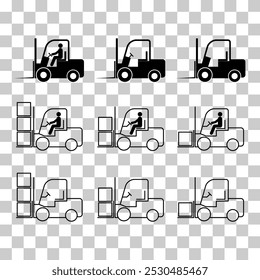 Set of Forklift transport icon, industry vehicle machine symbol, fork truck warehouse vector illustration .