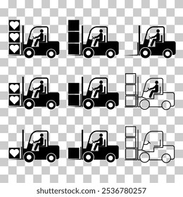 Set of Forklift transport icon, industry vehicle machine symbol, fork truck warehouse vector illustration .