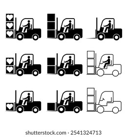 Set of Forklift transport icon, industry vehicle machine symbol, fork truck warehouse vector illustration .