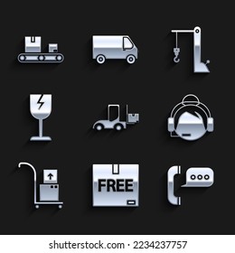 Set Forklift truck, Cardboard box with free symbol, Telephone speech bubble chat, Support operator in touch, Hand and boxes, Fragile broken glass, Harbor crane and Conveyor belt cardboard icon. Vector