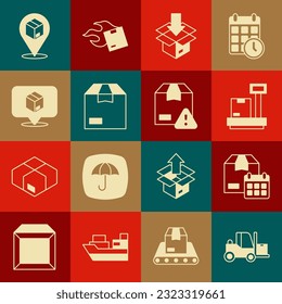 Set Forklift truck, Cardboard box with calendar, Scale cardboard, Carton, Location,  and Delivery security shield icon. Vector