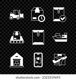 Set Forklift truck, Cardboard box with clock, Envelope and check mark, Warehouse, Mobile app delivery tracking, Plane cardboard, Conveyor belt and  icon. Vector