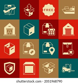 Set Forklift truck, Delete envelope, Warehouse, rice tag with Free, Carton cardboard box, Plane and and Cardboard calendar icon. Vector