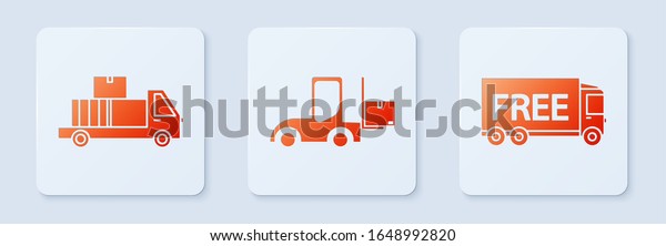 Set\
Forklift truck , Delivery truck with cardboard boxes and Free\
delivery service . White square button.\
Vector