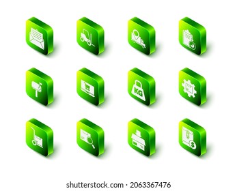 Set Forklift truck, Delivery tracking, Verification of delivery list clipboard, Gear wheel with package box, Envelope dollar symbol, Weight, Carton cardboard and Search icon. Vector
