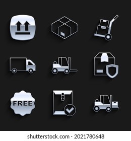 Set Forklift truck, Envelope and check mark, Delivery security with shield, rice tag Free, cargo, Hand boxes and This side up icon. Vector
