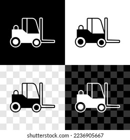 Set Forklift truck icon isolated on black and white, transparent background. Fork loader and cardboard box. Cargo delivery, shipping, transportation.  Vector