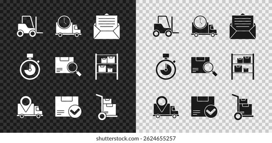 Set Forklift truck, Logistics delivery and clock, Envelope, Delivery tracking, Package box with check mark, Hand boxes, Stopwatch and Search package icon. Vector