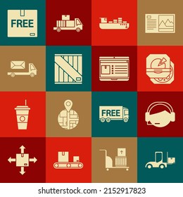 Set Forklift truck, Support operator in touch, Pizza cardboard box, Cargo ship with boxes delivery service, Wooden, Post, Cardboard free symbol and Laptop app tracking icon. Vector