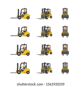 Set of forklift trucks with workers drive in three angles vector illustration