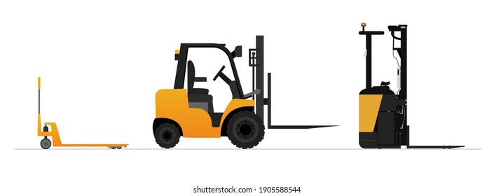 Set from forklift,reach truck and hydraulic trolley. Yellow colors. Warehouse hydraulic equipment for cargo. Cargo delivery, shipping. Stock vector illustration on white isolated background.