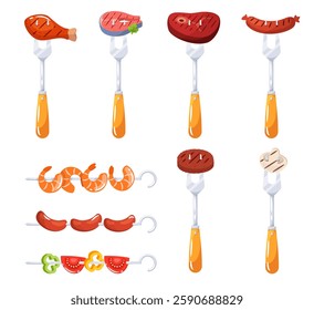 Set forks with barbecued foods. Grilled sausage, meat and fish steak, shrimp and vegetables. bbq cooking. Butcher supplies. Chicken and beef. Vector flat isolated grill product illustration