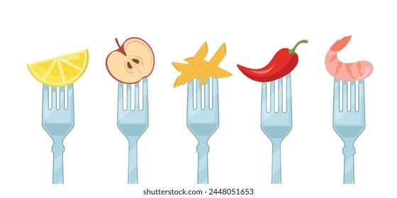 Set of forks with delicious food: fruit, seafood, pasta in cartoon style. Vector illustration with different food on forks: lemon, apples, macaroni, chili pepper, shrimp isolated on white background.