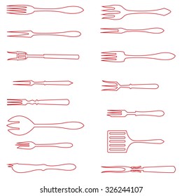Set of forks different size and form, isolated on white, red line design, vector