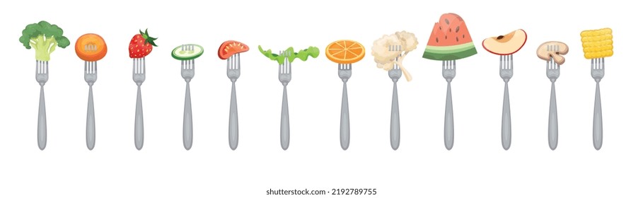 Conjunto de tenedores con comida saludable. Frutas y verduras. Comer sano. Dieta. Comida vegetariana. Productos orgánicos. Ilustración vectorial plana.