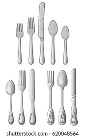 Set of forks, knives and spoons. Vector illustration.