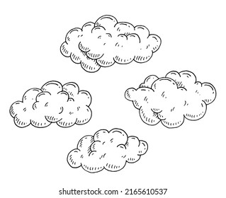 Set form of clouds. Vector black vintage engraving illustration for poster, label, web. Isolated on white background