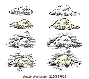 Set form of clouds. Vector color and black hand drawn vintage engraving illustration for poster, label, web. Isolated on white background