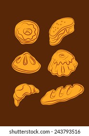 Set in the form of contour illustrations of flour products from bakery and confectionery shop 