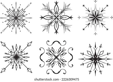 Set in the form of a frosty pattern or floral ornament, crystal vector pattern. Template for decoration and decoration. Elements for design or tattoo sketch.