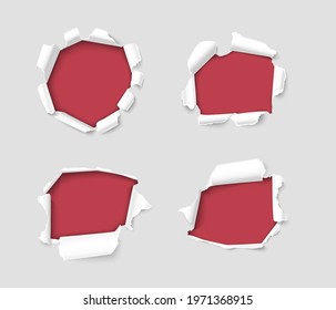 Set of form holes with ripped edges in white paper sheet realistic 3d illustration. Breach and gap collection. Torn damaged white paper