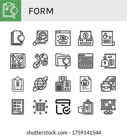 Set of form icons. Such as Clipboard, File, Contract, Password, Bill, Medical record, Worldwide, Price list, Earth grid, Accounting, Document, List, Planning, Checked box , form icons