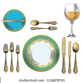 Set a Formal Dinner Table in old style. Vintage stylized drawing. Vector illustration