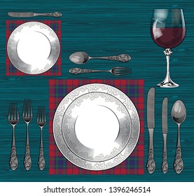 Set a Formal Dinner Table in old style. Vintage stylized drawing. Vector illustration
