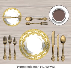 Set a Formal Dinner Table in old style. Vintage stylized drawing. Vector illustration