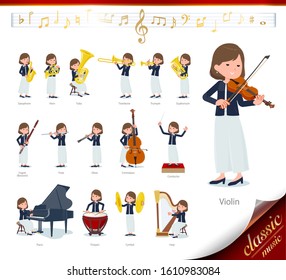 A set of formal fashion women on classical music performances.There are actions to play various instruments such as string instruments and wind instruments.It's vector art so it's easy to edit.
