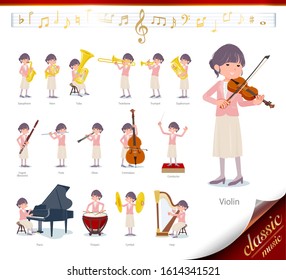 A set of formal fashion women on classical music performances.There are actions to play various instruments such as string instruments and wind instruments.It's vector art so it's easy to edit.
