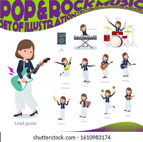 A set of formal fashion women playing rock 'n' roll and pop music.There are also various instruments such as ukulele and tambourine.It's vector art so it's easy to edit.
