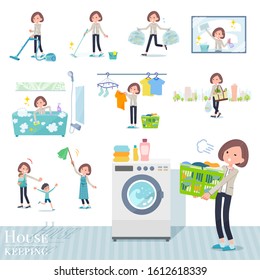 A set of formal fashion women related to housekeeping such as cleaning and laundry.There are various actions such as child rearing.It's vector art so it's easy to edit.
