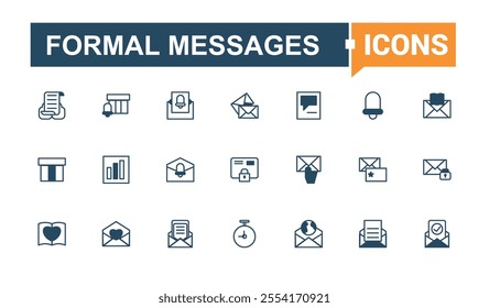 Set of Formal Messages line icons. Contains such icons as connection, stroke, quality, technology, design, global and more. Editable vector outline and solid icons.