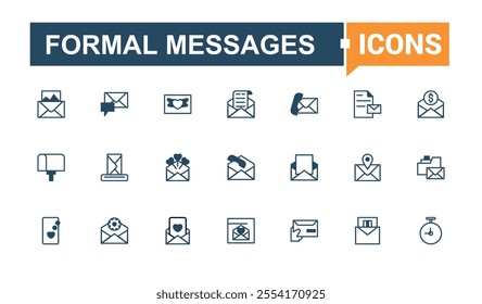 Set of Formal Messages line icons. Contains such icons as connection, stroke, quality, technology, design, global and more. Editable vector outline and solid icons.